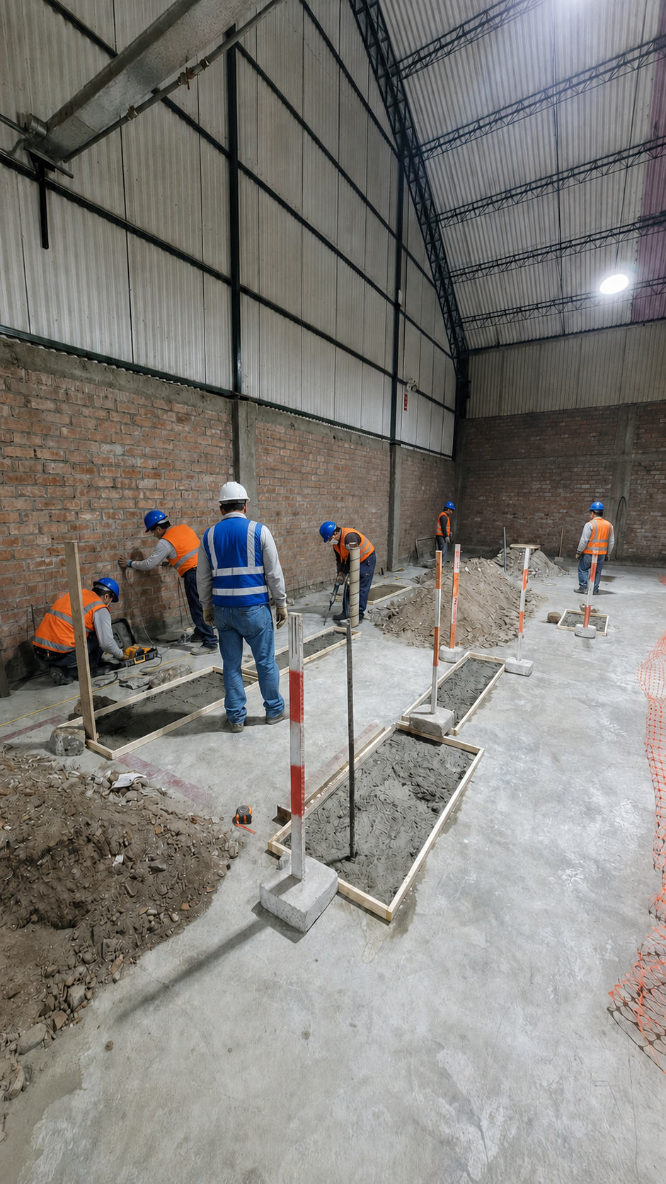 Cuadrilla ejecutando cimentaciones dentro de una nave industrial