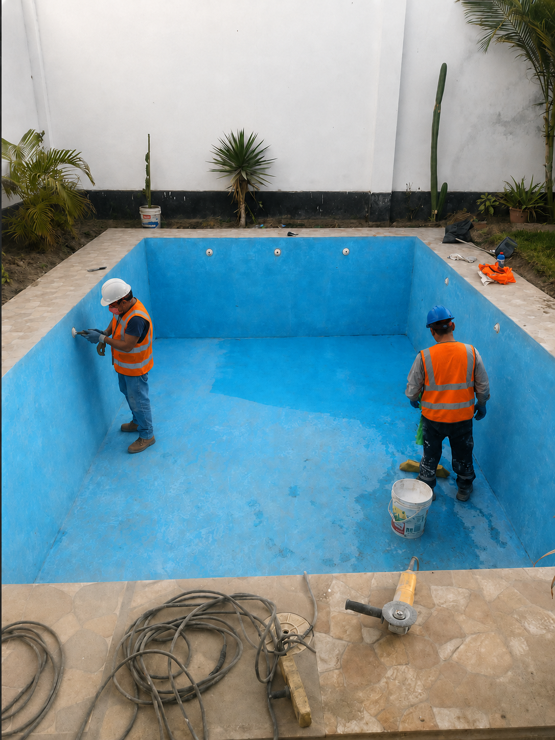 Cuadrilla pintando el vaso de una piscina durante el mantenimiento