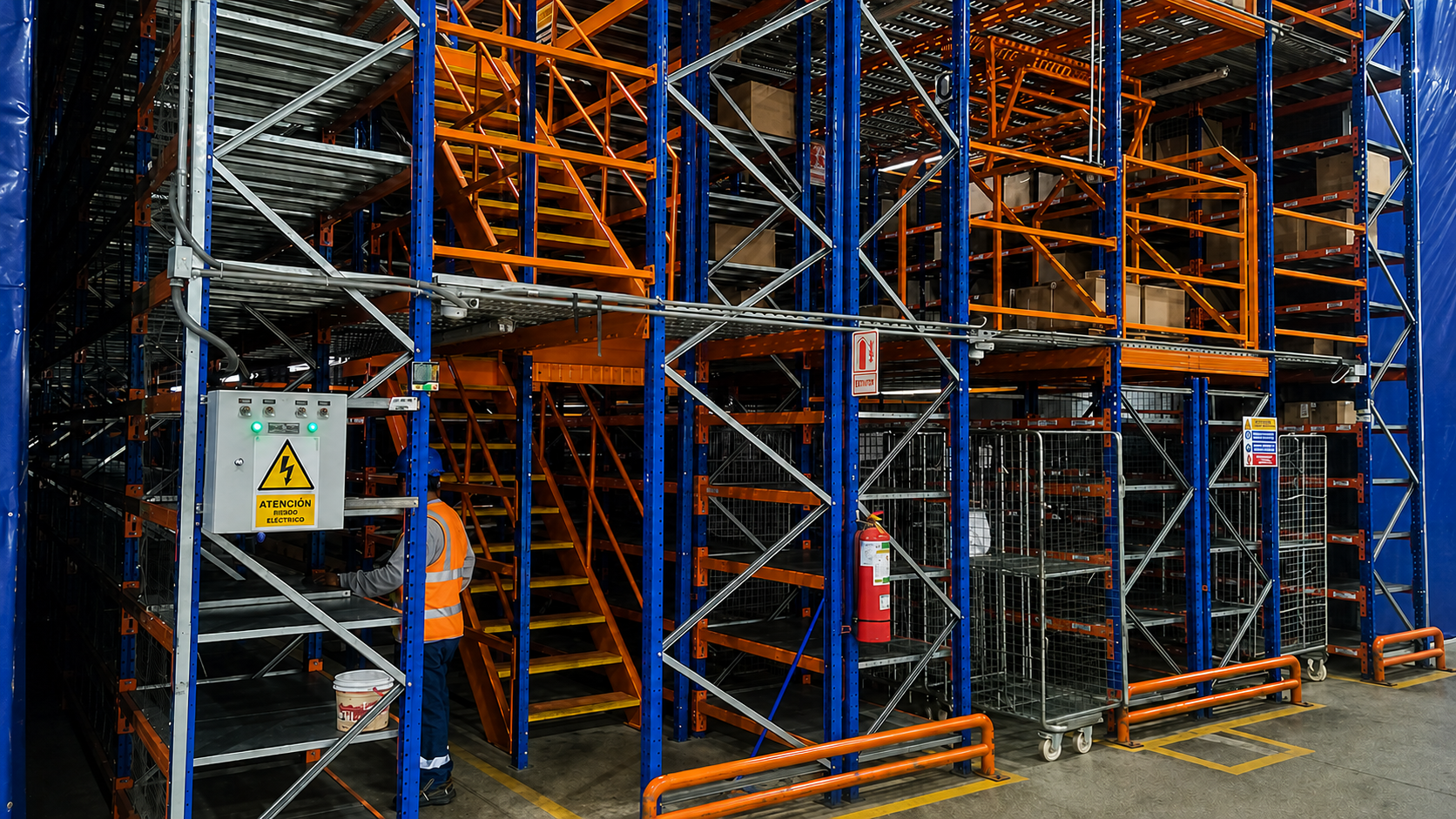 Sistema de racks con entrepiso y escalera en almacén