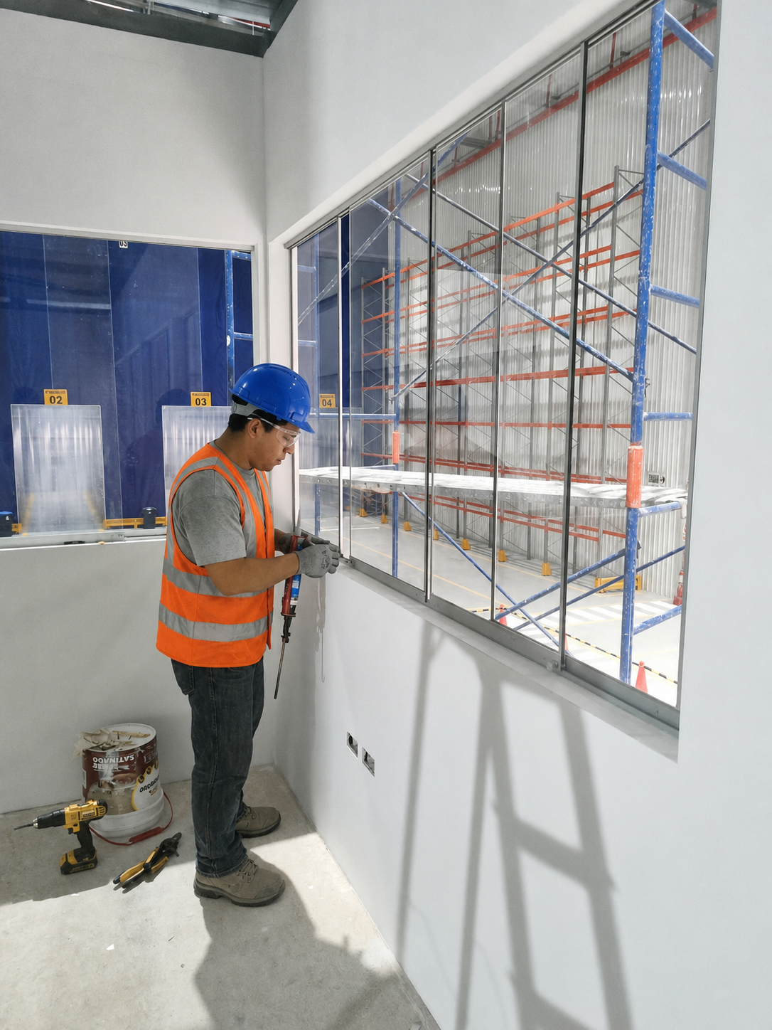 Instalación y sellado de mampara de vidrio en oficina